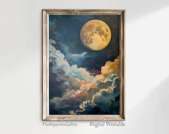 Full moon and clouds PRINTABLE vintage style digital print | Mystical celestial, moody bold ethereal moonlight, night sky nature, bedroom