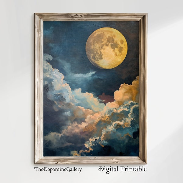 Full moon and clouds PRINTABLE vintage style digital print | Mystical celestial, moody bold ethereal moonlight, night sky nature, bedroom