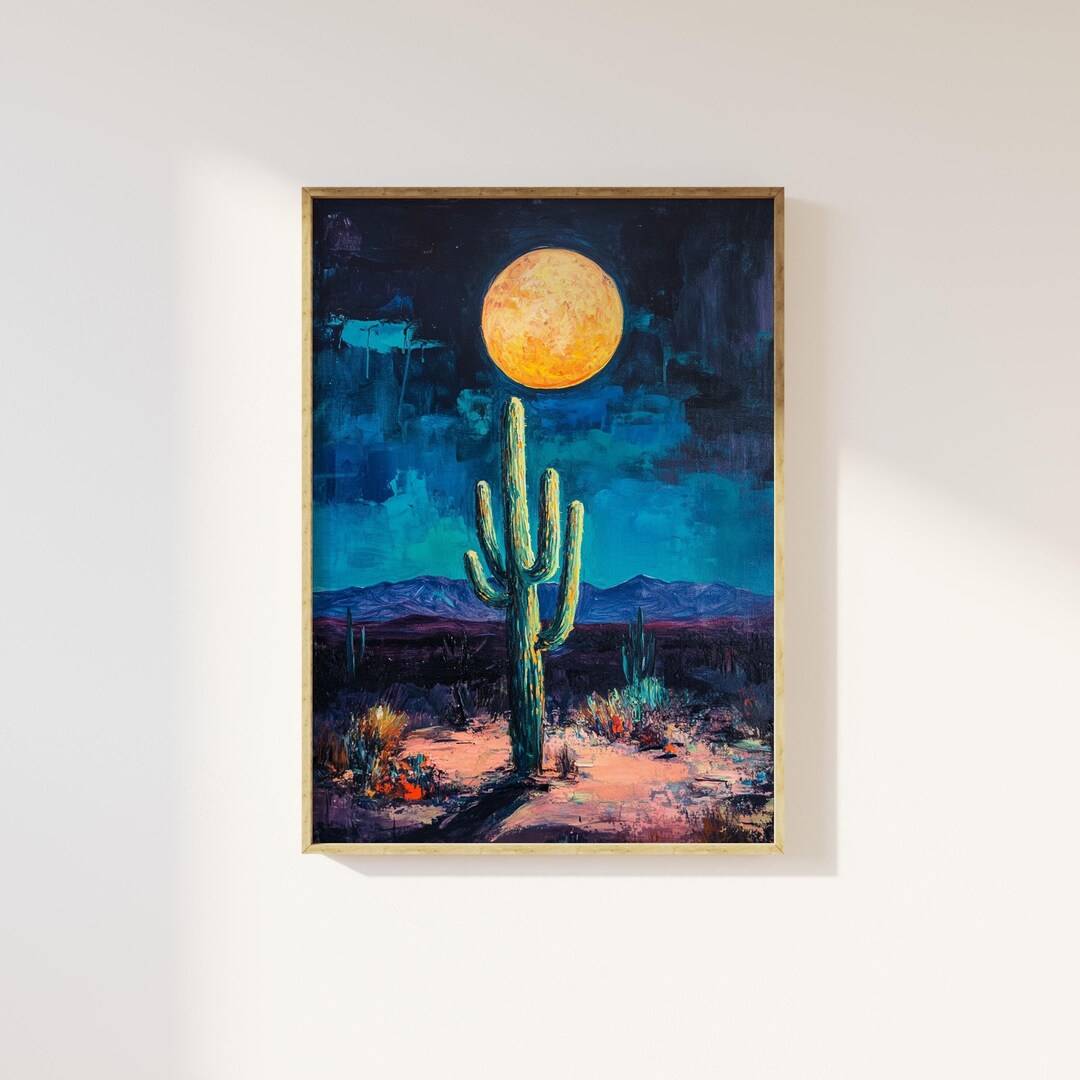 Cactus Under Moon Full Moon in Desert Wall Art Print | Cactus Under ...