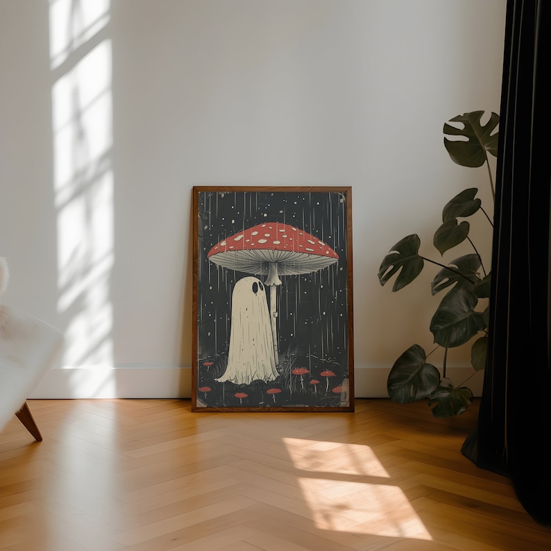'Boo's Mushroom Umbrella'
In this endearing art print, a cute cartoon ghost finds solace from the rain under the protective cover of a whimsical mushroom.
