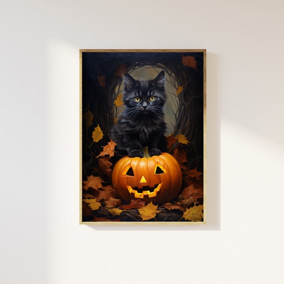 Black cat and pumpkin vintage style art print | Magical halloween, vintage retro art, romanticism, Autumnal kitten and jack o lantern poster