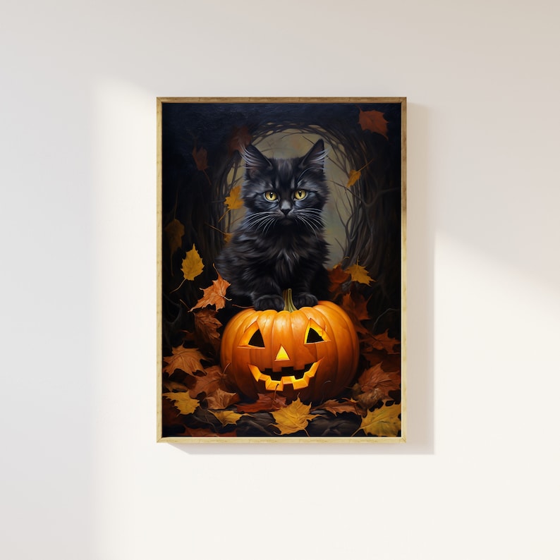 May include: A black kitten sits on top of a lit jack-o'-lantern pumpkin with a carved smiling face. The pumpkin is surrounded by fallen autumn leaves.