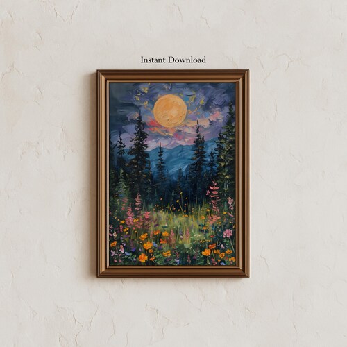 Lámina de la Luna sobre Flores Silvestres / Póster Cottagecore, Luna Llena sobre el Bosque, Arte Místico Encantado, Luna y Flores