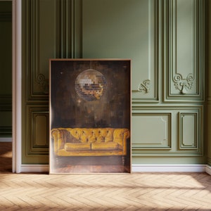 Add a pop of retro glam to your space with our art print featuring a disco ball suspended over a vintage yellow leather sofa. This eye-catching piece captures the essence of 70s disco fever and retro chic