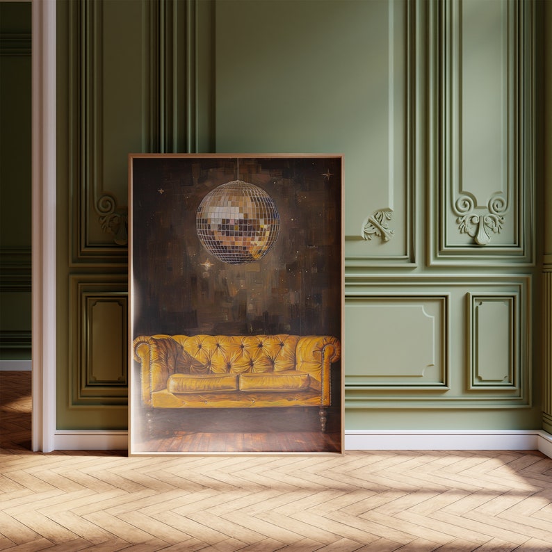 Add a pop of retro glam to your space with our art print featuring a disco ball suspended over a vintage yellow leather sofa. This eye-catching piece captures the essence of 70s disco fever and retro chic
