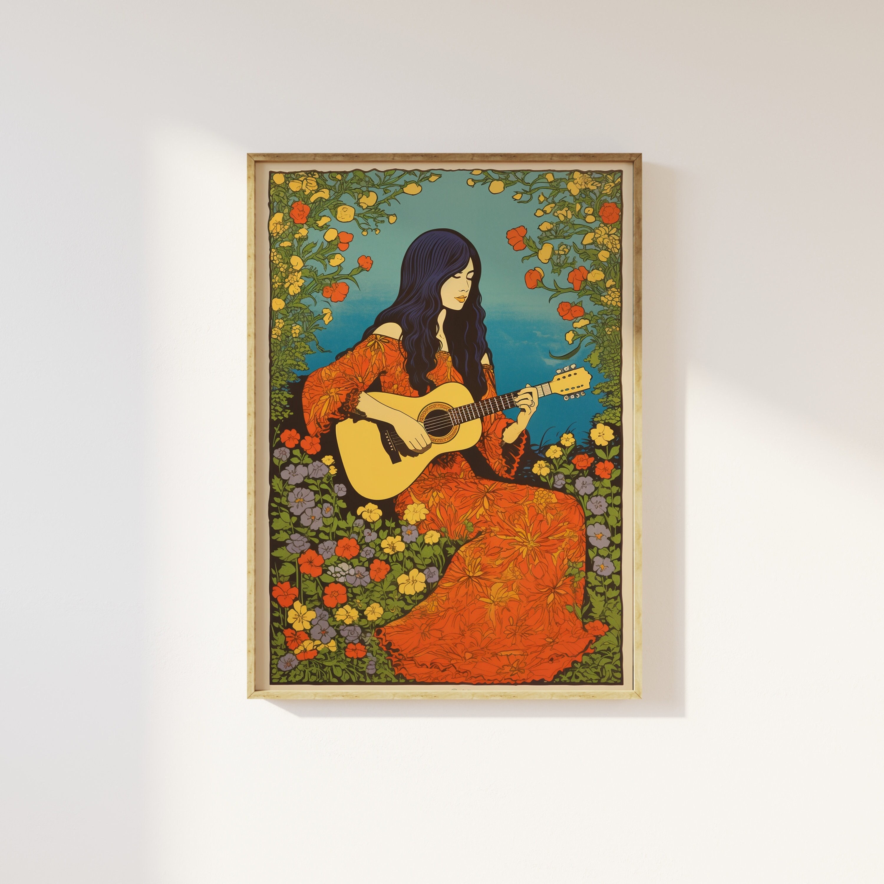1960s Female Hippie Playing Guitar Art Print | 1960s Hippie