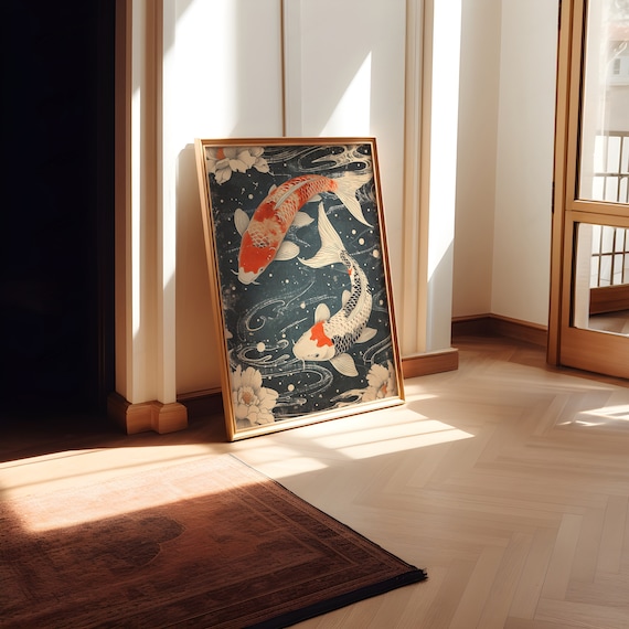 日本の鯉の壁掛けアートプリント｜日本の木版画、魚、穏やかな禅の日本