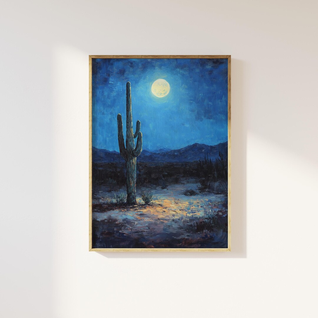 Cactus Under Moon Full Moon in Desert Wall Art Print | Cactus Under ...