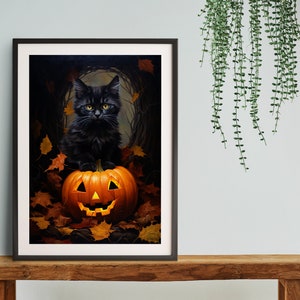 May include: A black cat sits on top of a lit jack-o'-lantern pumpkin with a carved face. The pumpkin is surrounded by autumn leaves.