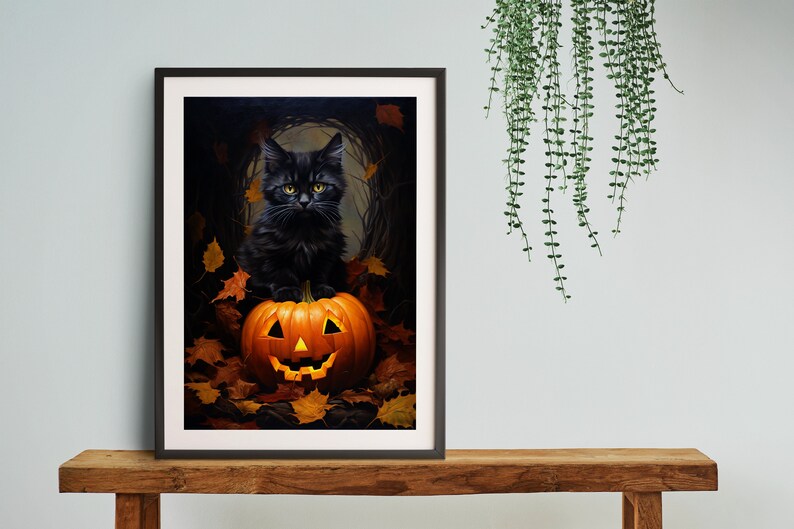 May include: A black cat sits on top of a lit jack-o'-lantern pumpkin with a carved face. The pumpkin is surrounded by autumn leaves.
