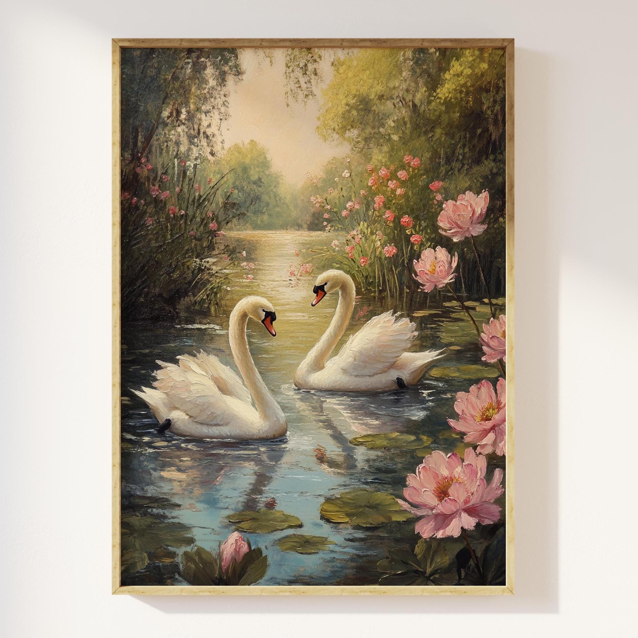 Swans Swimming Cottagecore Romantic Art Print | Whimsical Nature