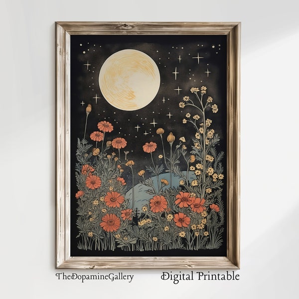 Moon and flowers PRINTABLE vintage style digital print | Mystical celestial, cottagecore flowers floral art, whimsigoth, ethereal moonlight