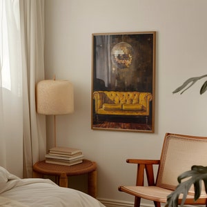 Add a pop of retro glam to your space with our art print featuring a disco ball suspended over a vintage yellow leather sofa. This eye-catching piece captures the essence of 70s disco fever and retro chic