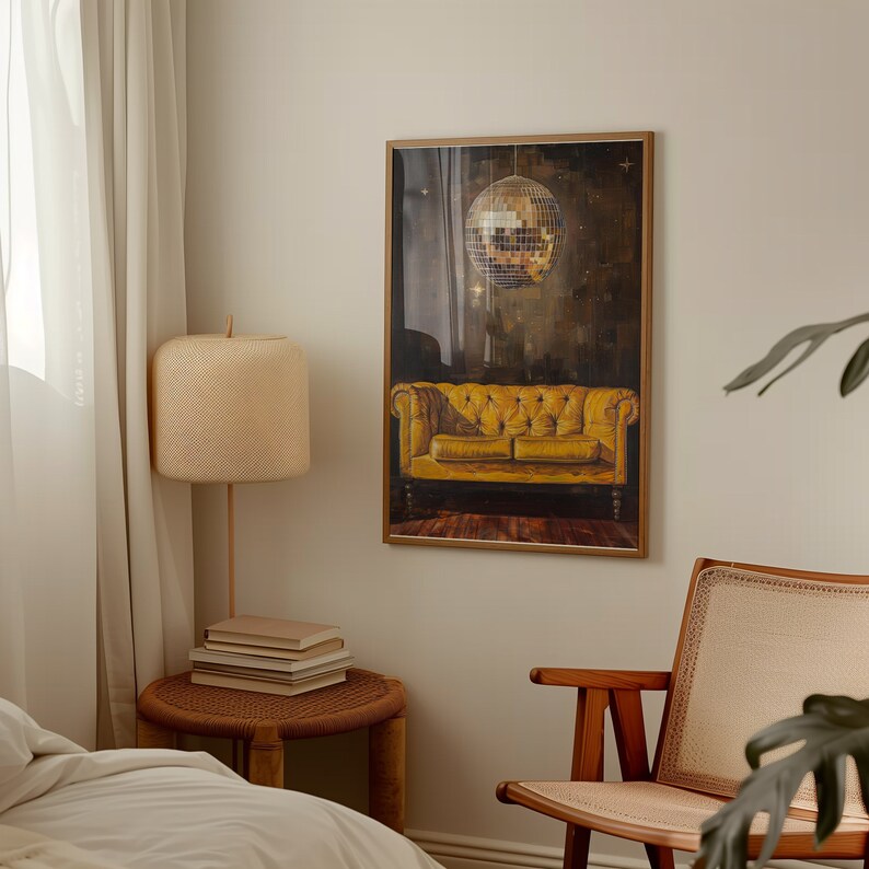 Add a pop of retro glam to your space with our art print featuring a disco ball suspended over a vintage yellow leather sofa. This eye-catching piece captures the essence of 70s disco fever and retro chic