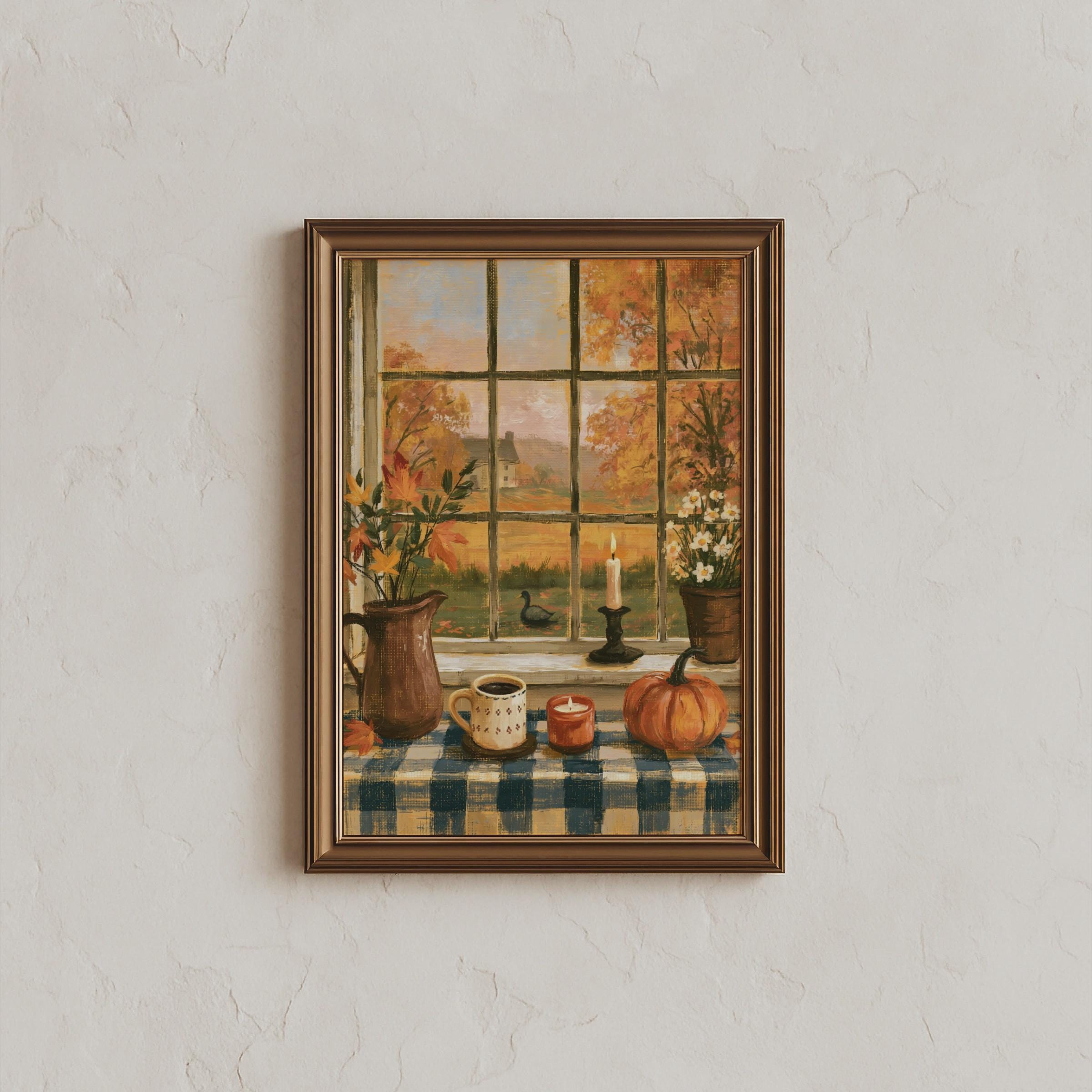 Cosy Autumn Kitchen Wall Art, Cottagecore Fall Print, Farmhouse Window Pumpkin Art, Vintage Autumn Home Decor