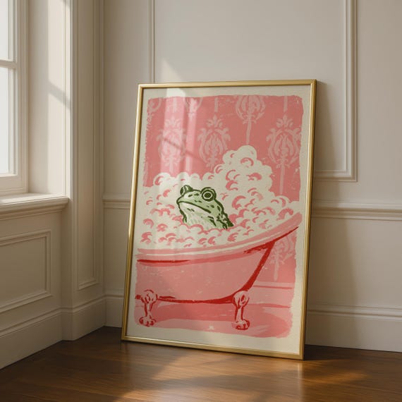 Frog Bubble Bath Wall Art, Cottagecore Print, Cute Frog Poster, Pink Bathroom Decor, Whimsical Animal Art, Vintage Bathtub Print