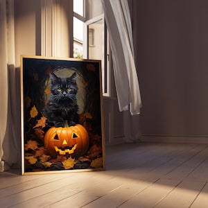 Black cat and pumpkin vintage style art print | Magical halloween, vintage retro art, romanticism, Autumnal kitten and jack o lantern poster image 5
