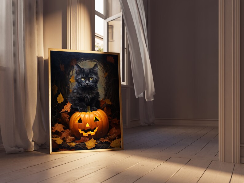 Black cat and pumpkin vintage style art print | Magical halloween, vintage retro art, romanticism, Autumnal kitten and jack o lantern poster image 5