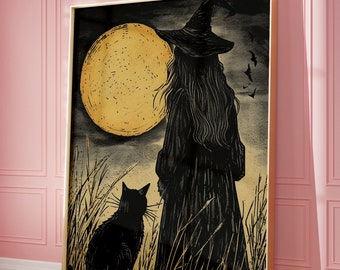 Witch and Her Black Cat Under the Full Moon Block Art Print