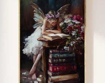 Fairy reading a book whimsical art print | fairytale wall art, enchanted magical book art, reading nook, girls bedroom art, book lover art