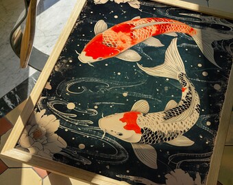 日本の鯉の壁掛けアートプリント｜日本の木版画、魚、穏やかな禅の日本