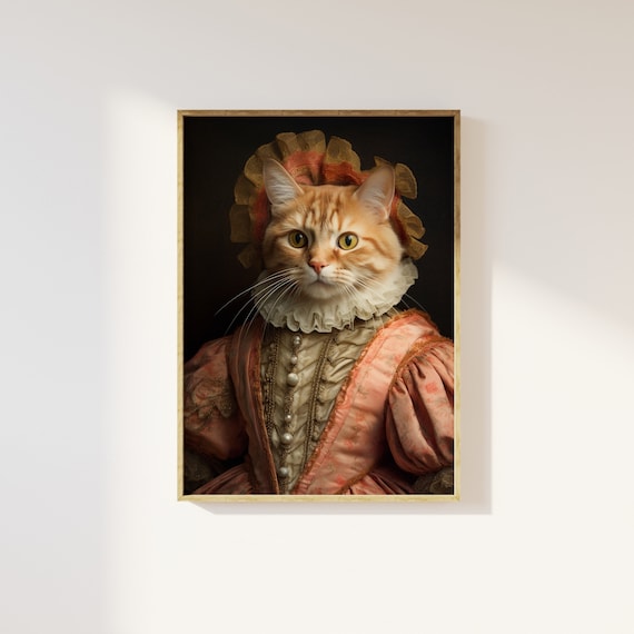 Female ginger tabby cat Renaissance animal portrait art print - Oil painting vintage style animal portrait animal maximalist altered cat art