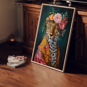 Tableau Toile Léopard - Art Mural Maximaliste, Portrait Animal Coloré Et Floral - Décoration Vintage Moderne