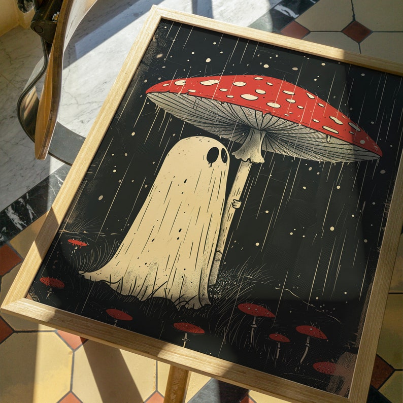 'Boo's Mushroom Umbrella'
In this endearing art print, a cute cartoon ghost finds solace from the rain under the protective cover of a whimsical mushroom.