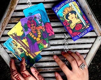 May include: Four tarot cards, including the Page of Cups, King of Wands, and the Morgan-Greer Tarot deck, are laid out on a wooden tray. The cards are surrounded by two hands, one with henna.