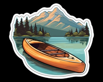 May include: A brown canoe sits on a calm lake with a mountain range in the background. The lake is surrounded by green trees and the sky is a light blue.