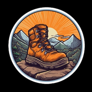 Może przedstawiać: Brązowy skórzany but trekkingowy ze sznurowadłami i grubą podeszwą, na tle gór i wschodu słońca. But znajduje się na skalnym klifie, co sugeruje poczucie przygody i eksploracji.