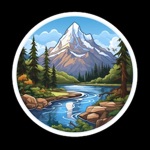 May include: A cartoon illustration of a mountain range with a river winding through the valley. The mountains are snow-capped and the river is blue. There are trees and bushes surrounding the river.