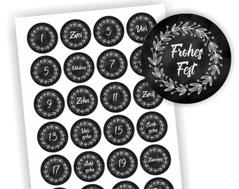 24 Aufkleber, Schiefer, Kranz, Adventskalender, Etikett 4cm, Weihnachten, Etiketten, Advent, selbstklebend, Zahlen 1-24, Sticker, Dekoration