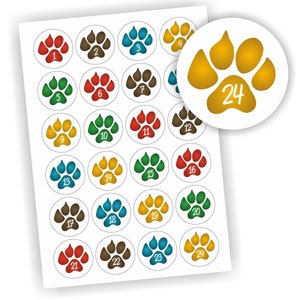 24 Aufkleber, Hunde Pfoten, Adventskalender, Etikett 4cm, Weihnachten, Etiketten, Advent, selbstklebend, Zahlen 1-24, Sticker, Dekoration
