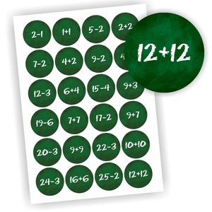 24 Aufkleber, Rechnen Tafel Grün Adventskalender, Etikett 4cm, Weihnachten, Etiketten, Advent, selbstklebend, Zahlen, Sticker, Deko, Mathe