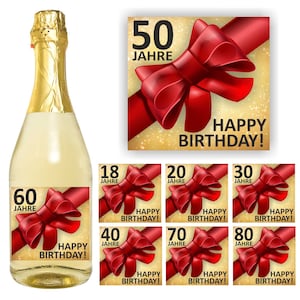 Aufkleber Sektflasche, Geburtstag 18 20 30 40 50 60 70 80, Flaschenetikett, Etikett, Schleife, selbstklebend, glänzend, wischfest, Geschenk