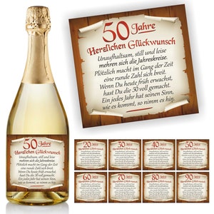 Aufkleber Sektflasche, Geburtstag 18 20 30 40 50 60 70 80 90, Flaschenetikett, Glückwunsch, selbstklebend, glänzend, wischfest, Geschenk