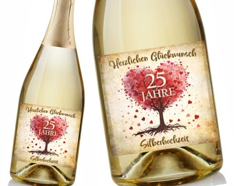 Aufkleber Sektflasche, Silberhochzeit, 25 Jahre, Flaschenetikett, selbstklebend, glänzend, wischfest, Geschenk