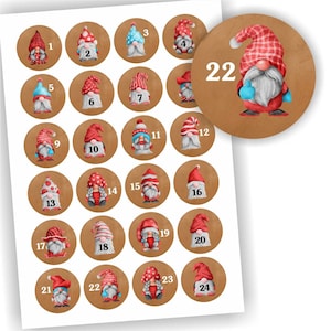 24 Aufkleber, Wichtel, Gnome, Adventskalender, Etikett 4cm, Weihnachten, Etiketten, Advent, selbstklebend, Zahlen 1-24, Sticker, Dekoration