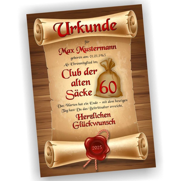 60. Geburtstag, 60 Jahre Geburtstagsurkunde, Urkunde, Geschenk, 1964, personalisiert, Club der alten Säcke