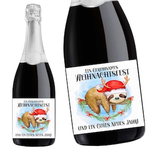 Aufkleber Sektflasche, Weihnachten, Faultier, Flaschenetikett, selbstklebend, glänzend, wischfest, Geschenk
