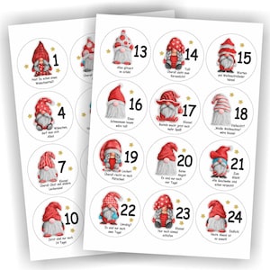 Adventskalender Zahlen, 24 Aufkleber, "Wichtel Sprüche groß", Etikett 6,6 cm, 2 Bögen, Weihnachten, Etiketten, Advent, selbstklebend, Deko