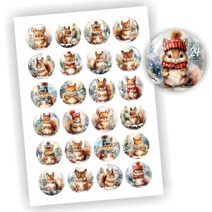 Adventskalender Zahlen, 24 Aufkleber, Eichhörnchen, Etikett 4cm, Weihnachten, Etiketten, Advent, selbstklebend, Zahlen 1-24, Sticker, Deko