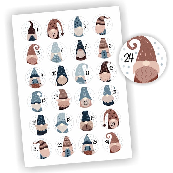 24 Aufkleber, Boho, Wichtel, Adventskalender, Etikett 4cm, Weihnachten, Etiketten, Advent, selbstklebend, Zahlen 1-24, Sticker, Dekoration