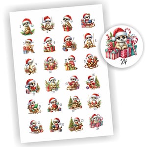 Adventskalender Zahlen, 24 Aufkleber, Erdmännchen, Etikett 4cm, Weihnachten, Etiketten, Advent, selbstklebend, Zahlen 1-24, Sticker, Deko