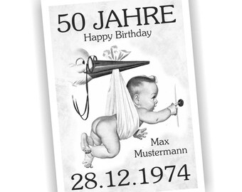 50th birthday, 50th birthday certificate, certificate, gift, 1976, personalized, stork, vintage, retro, congratulations, Happy Birthday