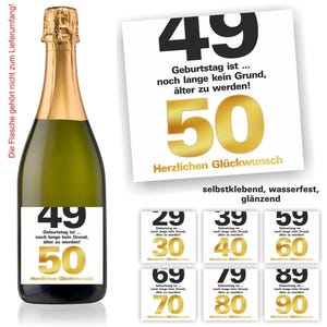 Aufkleber Sektflasche Flaschenetikett Etikett selbstklebend glänzend wischfest runder Geburtstag edel  30 40 50 60 70 80 90