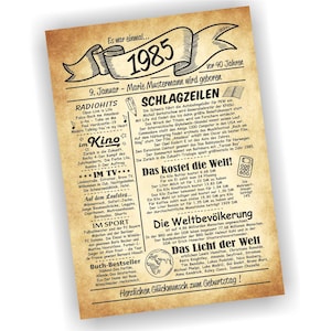 40. Geburtstag, 40 Jahre Geburtstagsurkunde, Urkunde, Geschenk, 1985, personalisiert