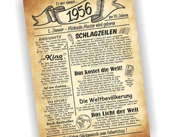 70th birthday, 70th birthday certificate, certificate, gift, 1956, personalized