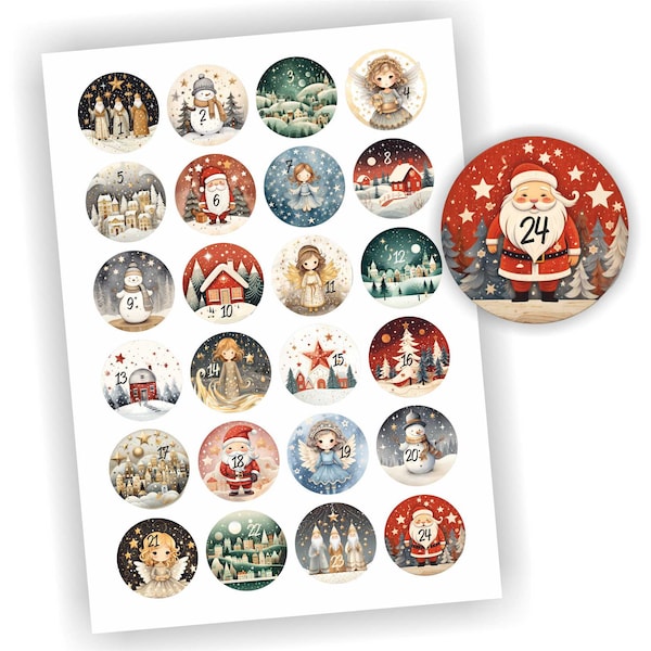 24 Aufkleber, Nordic, Skandinavien, Adventskalender, Etikett 4cm, Weihnachten, Etiketten, Advent, selbstklebend, Zahlen 1-24, Sticker, Deko